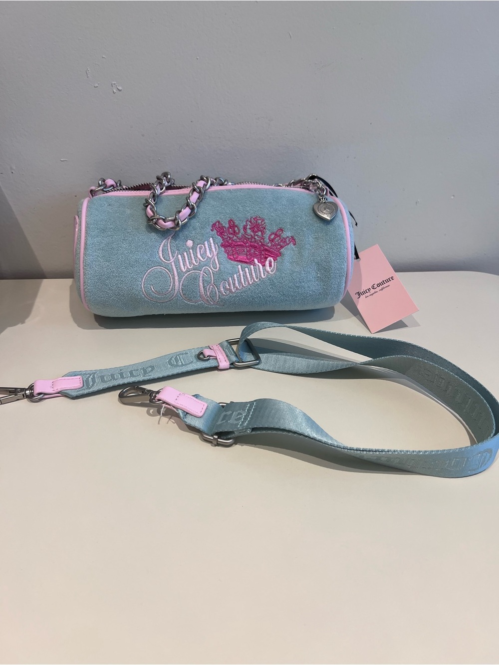 Juicy Couture Blue & Pink Velvet Embroidered Crossbody Barrel Bag NWT vintage